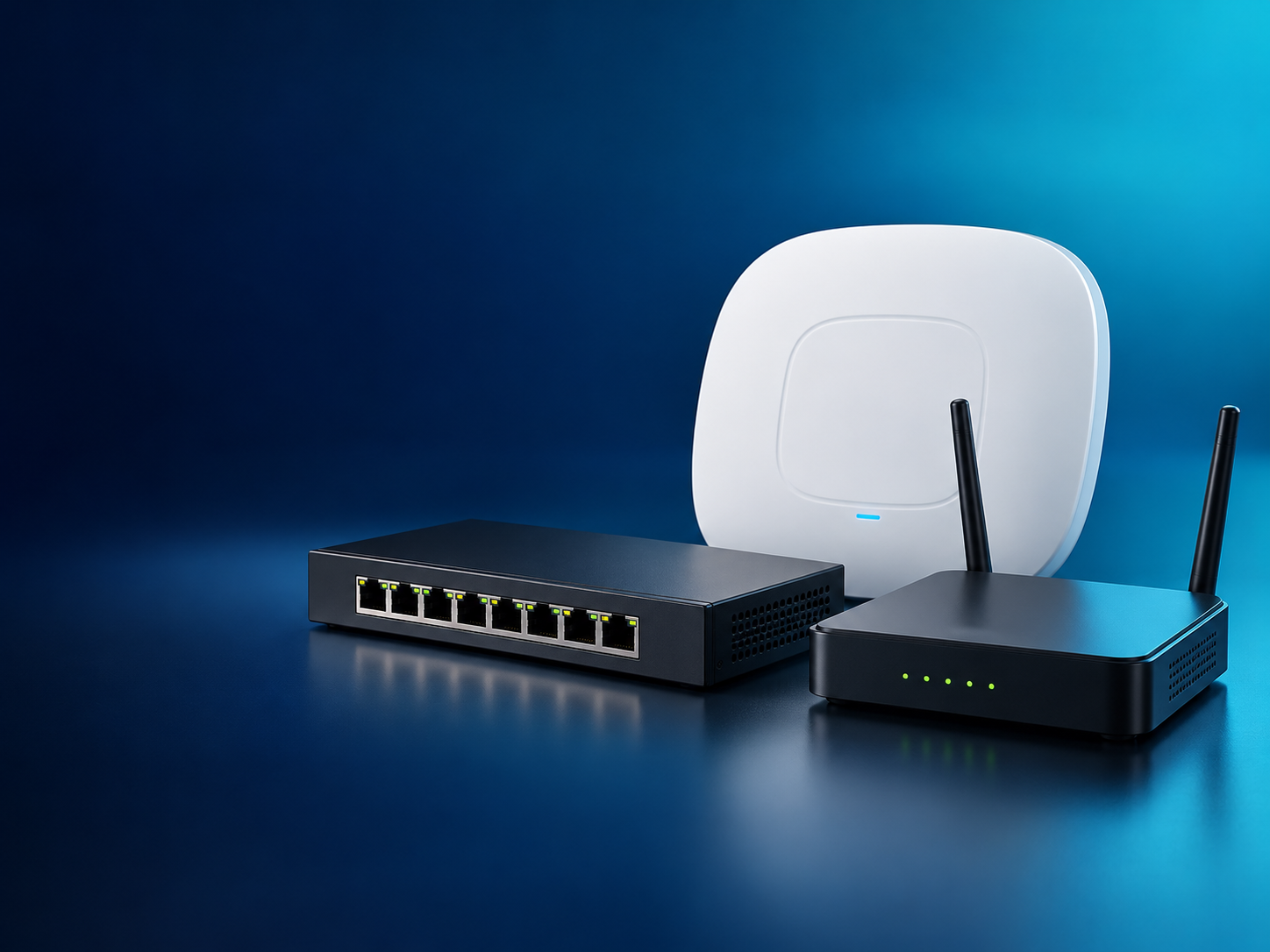 Example business network equipment including Wi-Fi access point, switch and router