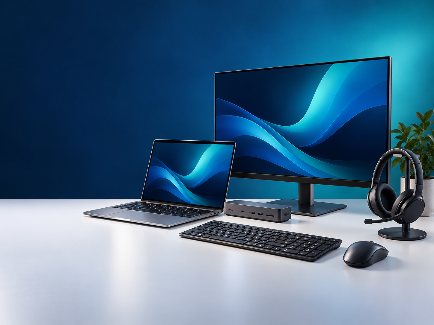 Example business laptop, monitor, dock, keyboard and headset